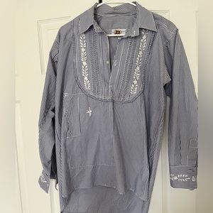 Mi Golondrina tuxedo style small blouse. Pinstripe blue